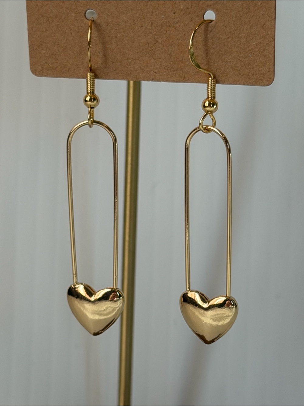 Gold Heart Safety Pin Earrings - Picture 2 of 2